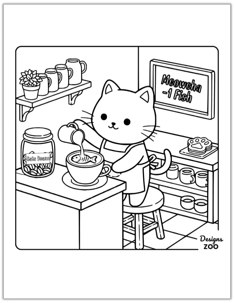 Cartoon cat coloring page working as a barista in a coffee shop.