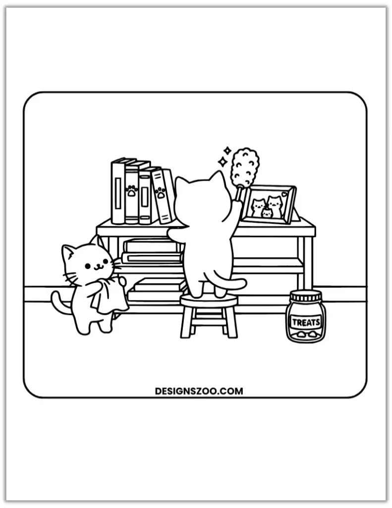 Cartoon cat and kitten coloring page cleaning a bookshelf.
