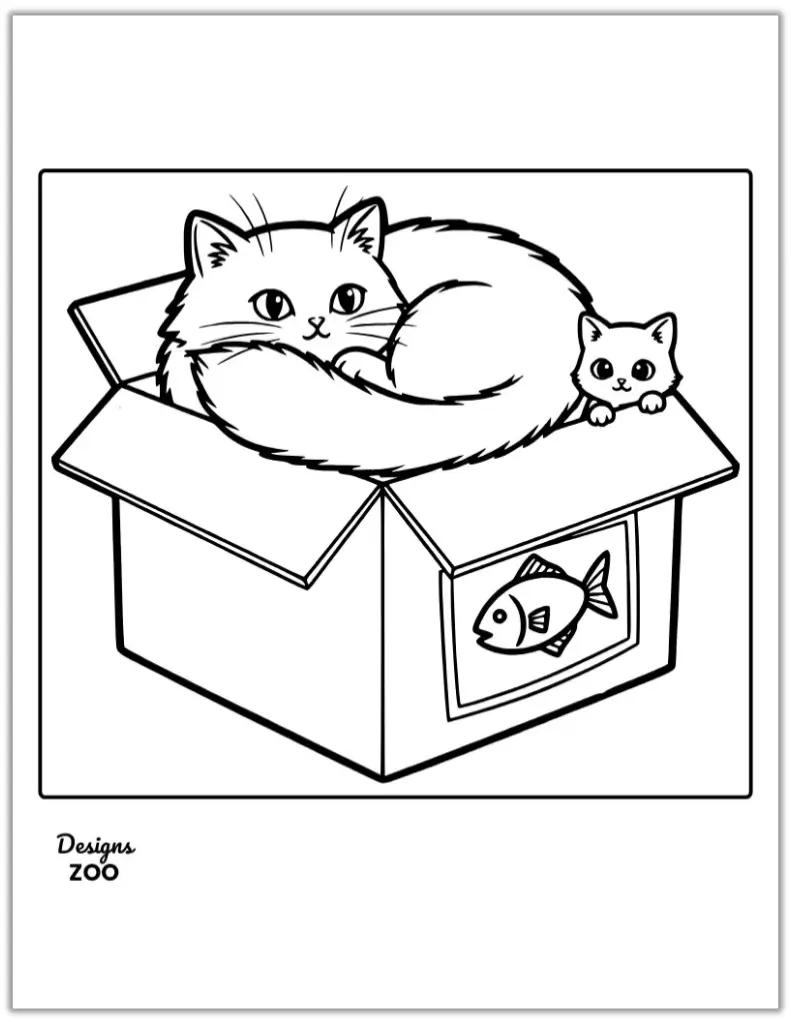 Cartoon cat and kitten coloring page sitting inside a cardboard box.