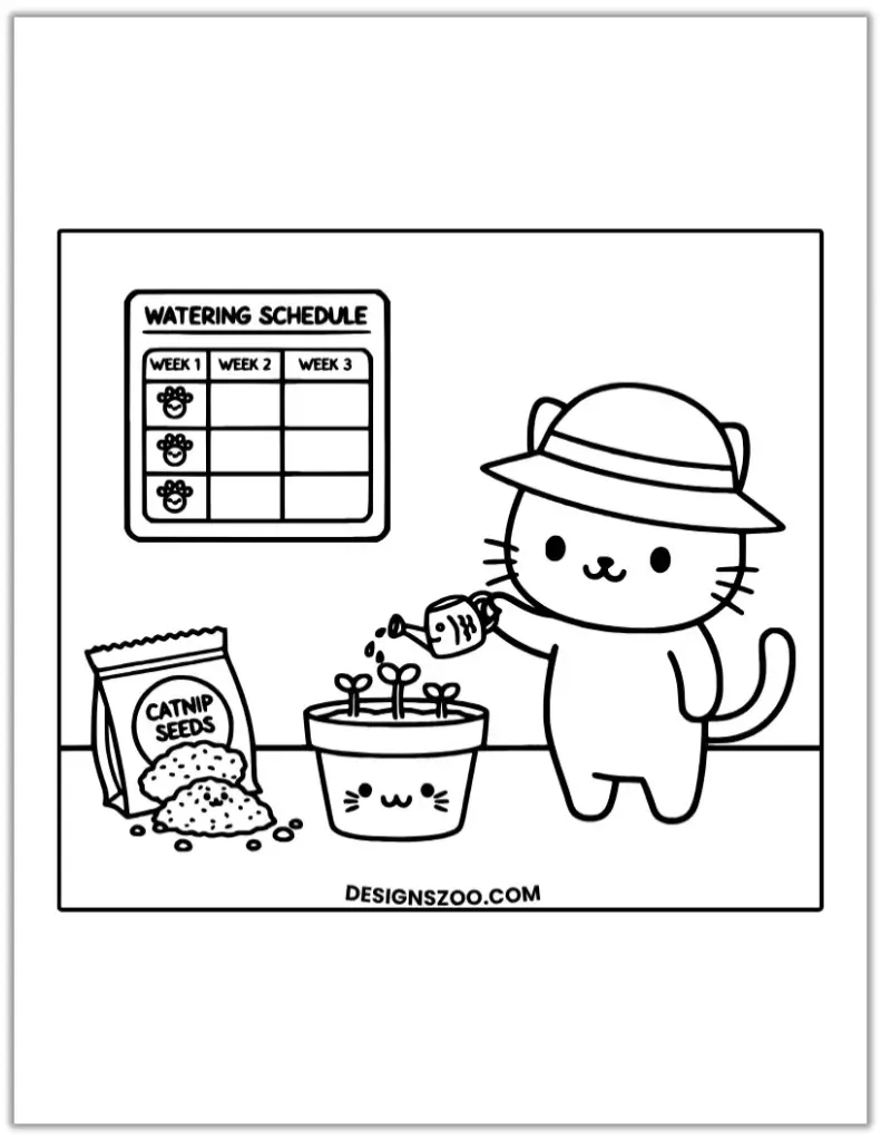 Line art of a coloring pages, a cat in a hat watering plants with catnip seeds and a schedule.