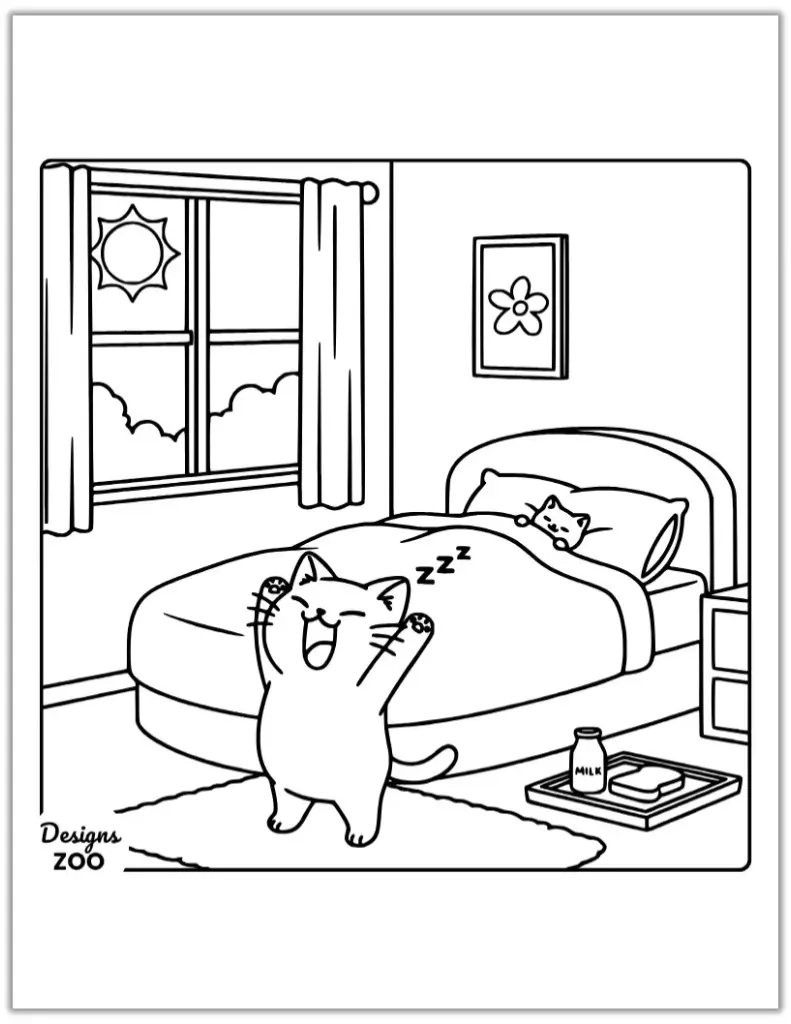 Cartoon cat coloring page stretching next to a bed in the morning.