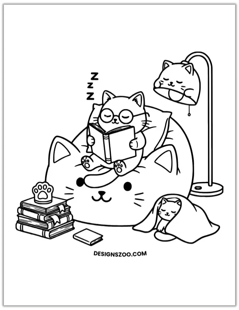 Line art coloring page of cats reading and sleeping in a cozy reading nook with books and a lamp.