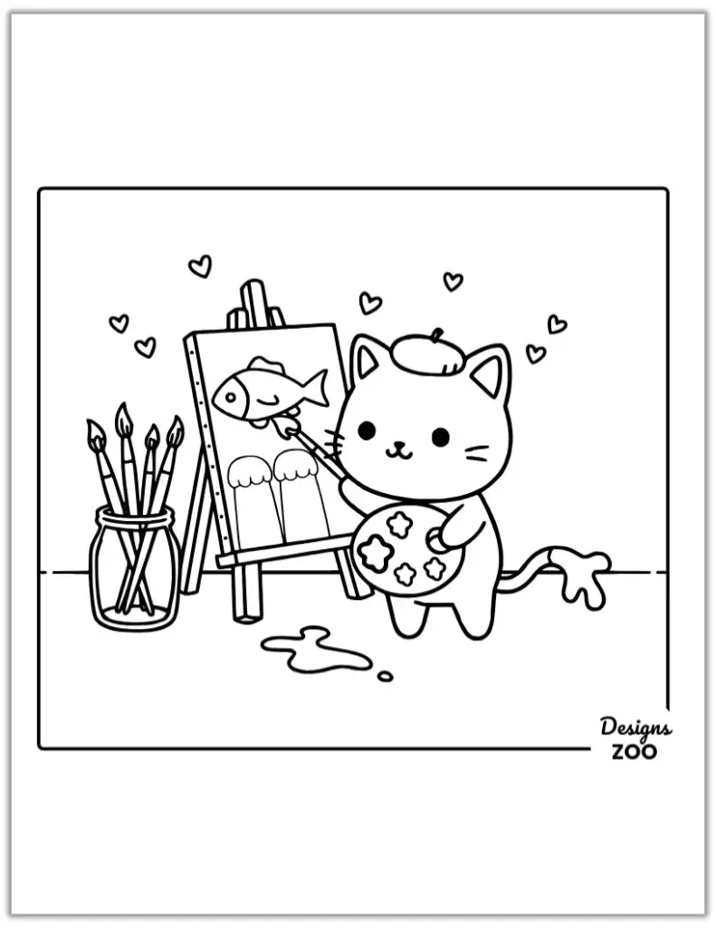 Cartoon cat coloring page painting a fish picture on an easel.