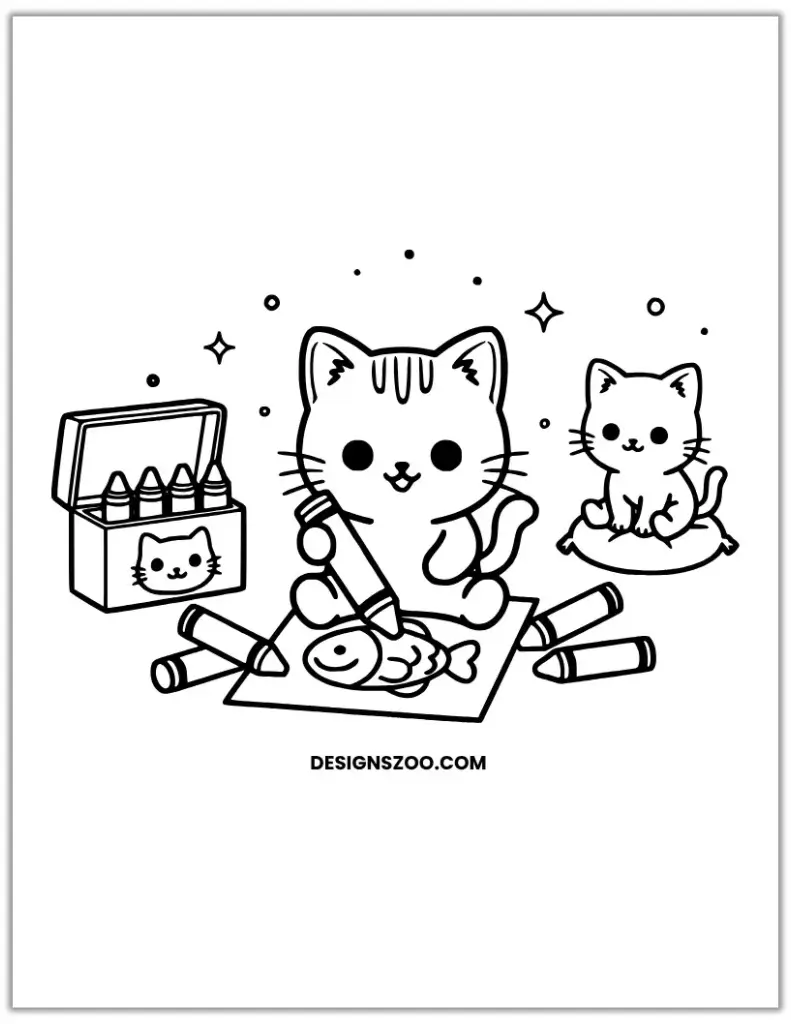 Line art coloring page of two cats drawing a fish with crayons.