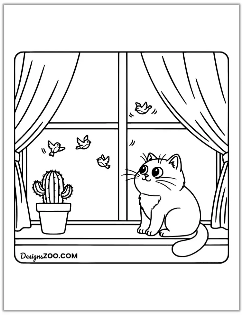 Cute cartoon cat coloring page watching birds from a windowsill.