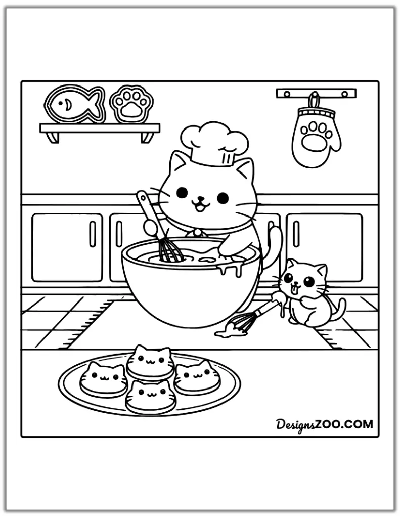 Cute cartoon cat and kitten coloring page baking treats.