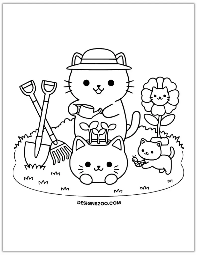 Line art coloring page of three cartoon cats gardening with tools, watering can, and plants.