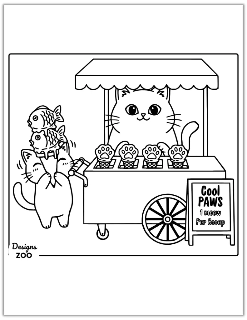 Cute cartoon cat coloring page at an ice cream cart selling paw-shaped scoops and fish treats.