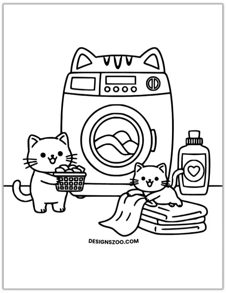 Line art coloring page of two cartoon cats doing laundry with a washing machine, basket, and detergent.