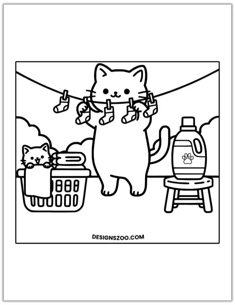 Line art coloring page of two cats hanging laundry on a clothesline with a basket and detergent.