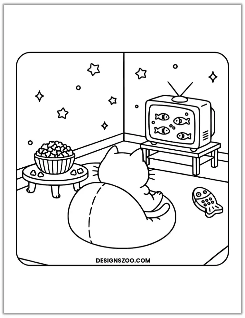 Line art coloring page of a cat watching TV showing fish, with popcorn and a fish remote.