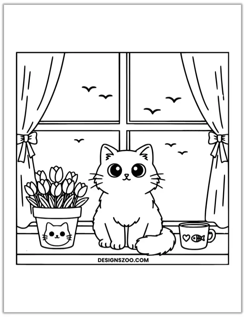 Line art coloring page of a fluffy cat sitting on a windowsill with flowers and a mug.