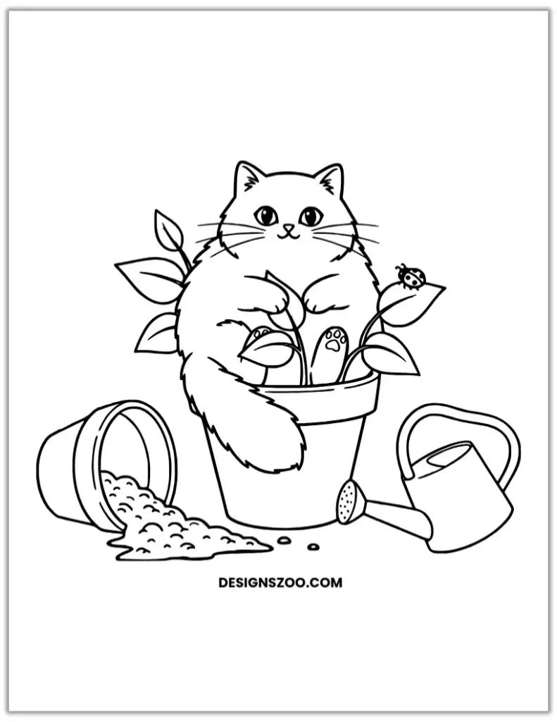 Cute fluffy cartoon cat coloring page sitting in a plant pot.