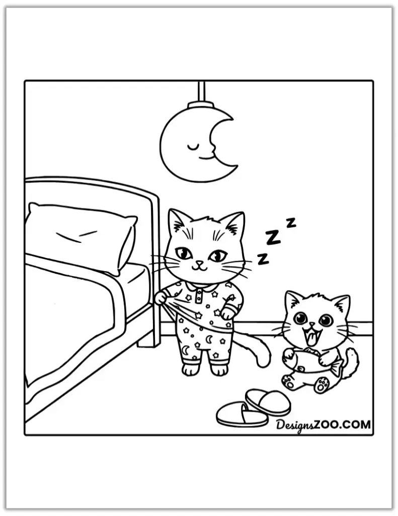 Cute cat and kitten coloring page wearing pajamas near a bed.