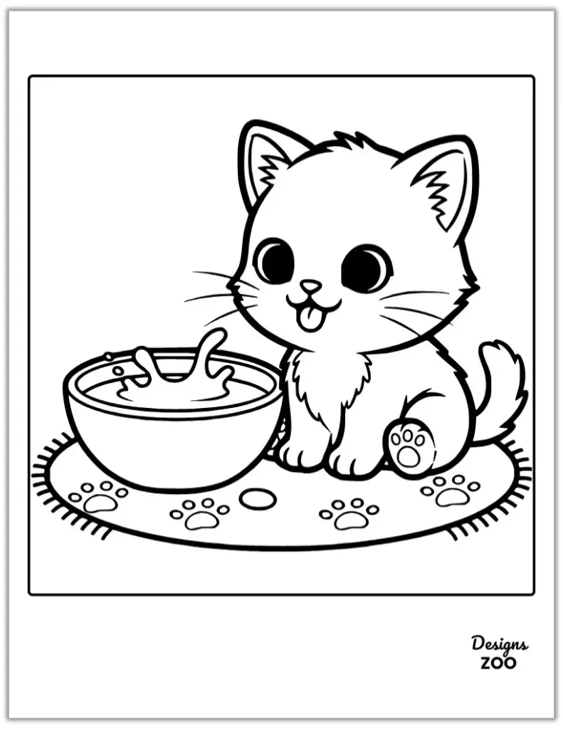 Cute kitten coloring page showing a cartoon kitten drinking from a bowl.