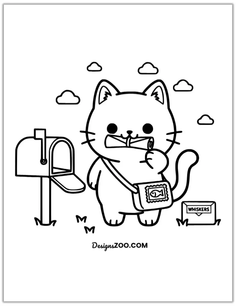 Cute cartoon cat coloring page delivering mail by a mailbox.