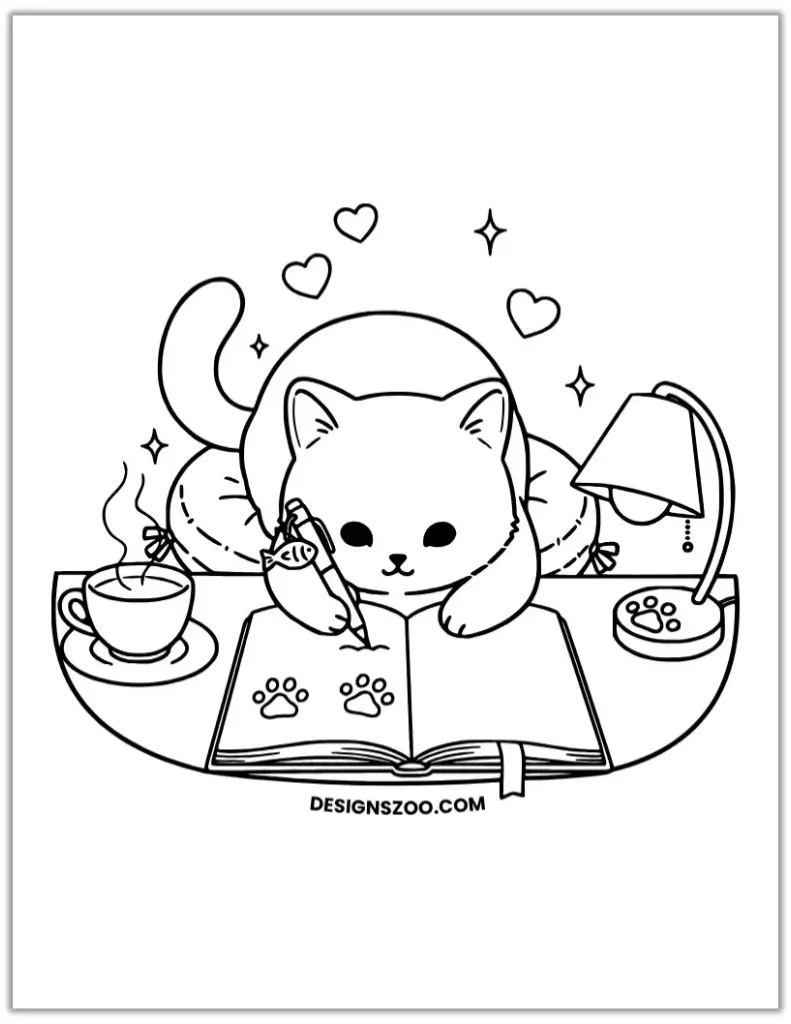 Cartoon cat coloring page writing in a book with a pen and lamp.