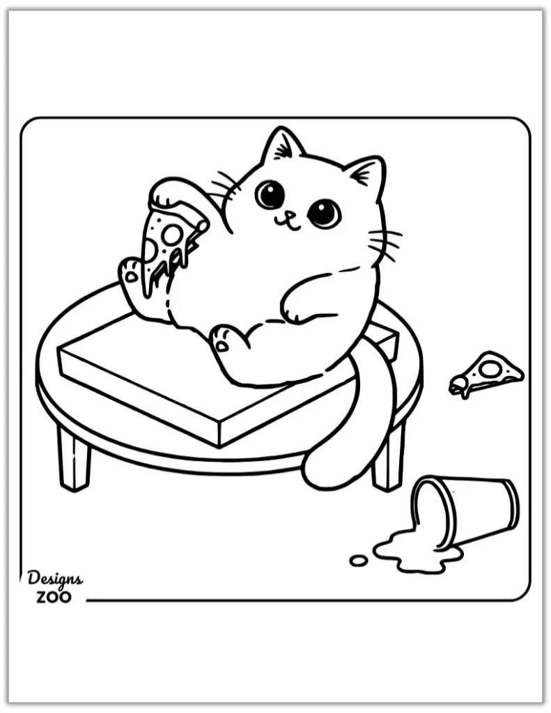 Cartoon cat coloring page sitting on a pizza box and eating pizza