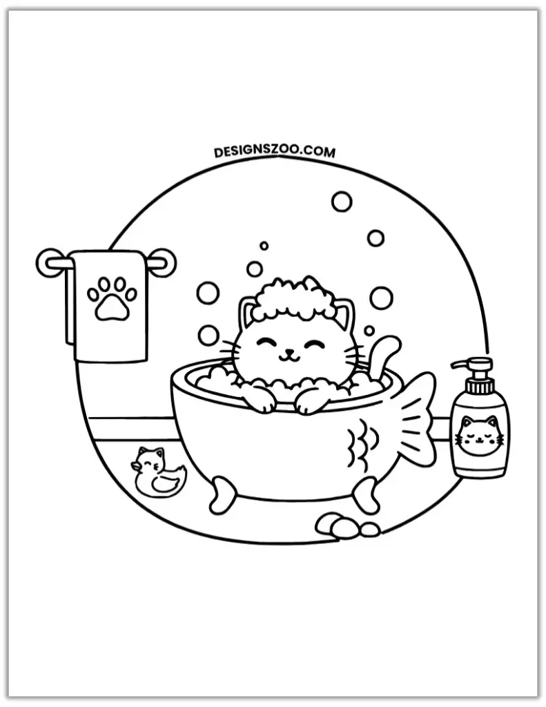 Cartoon kitten cat coloring pages bathing in a fish-shaped tub.