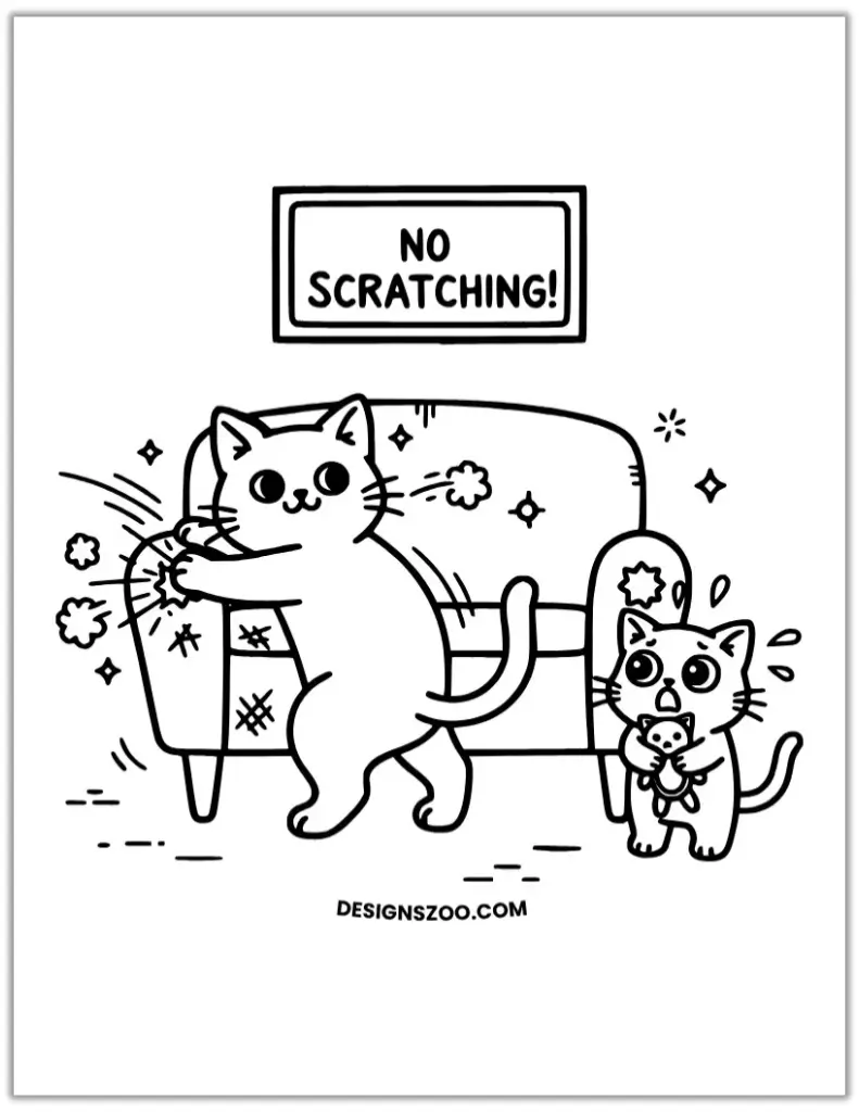 Line art coloring page of a cat scratching a sofa next to a 'NO SCRATCHING!' sign.