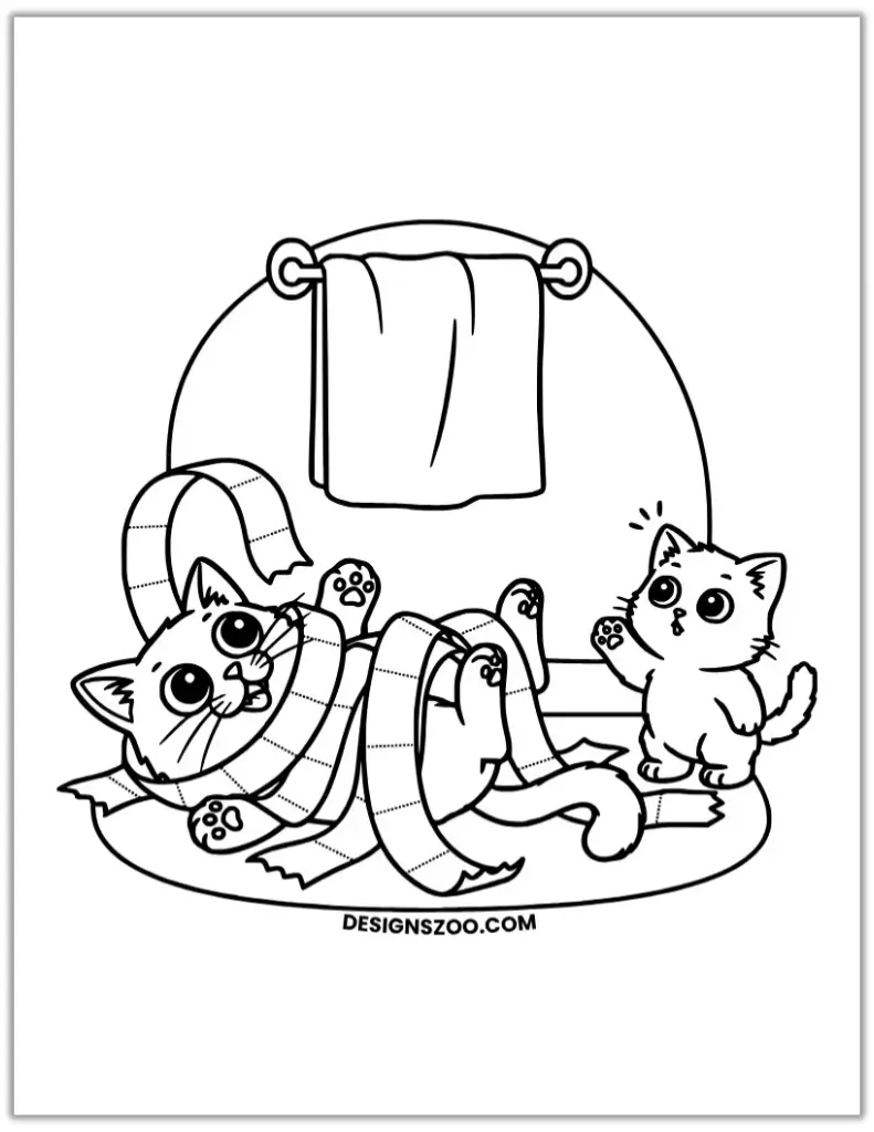 Cute cartoon cat and kitten coloring page playing with toilet paper.