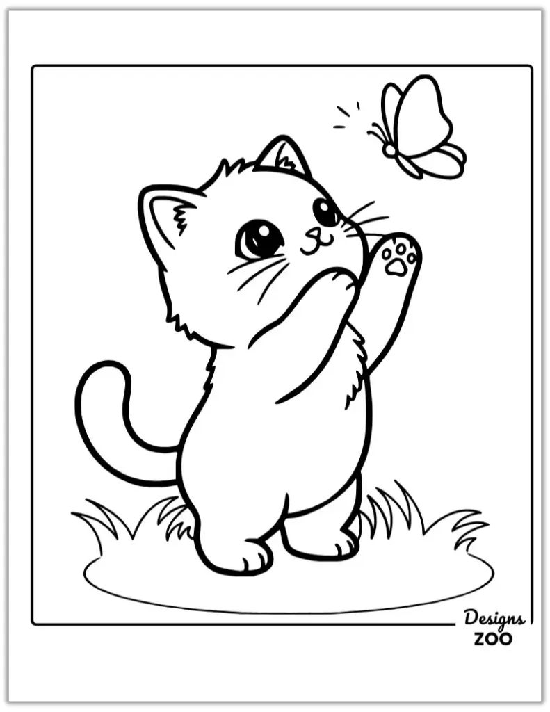 Cartoon kitten cat coloring page reaching for a butterfly.