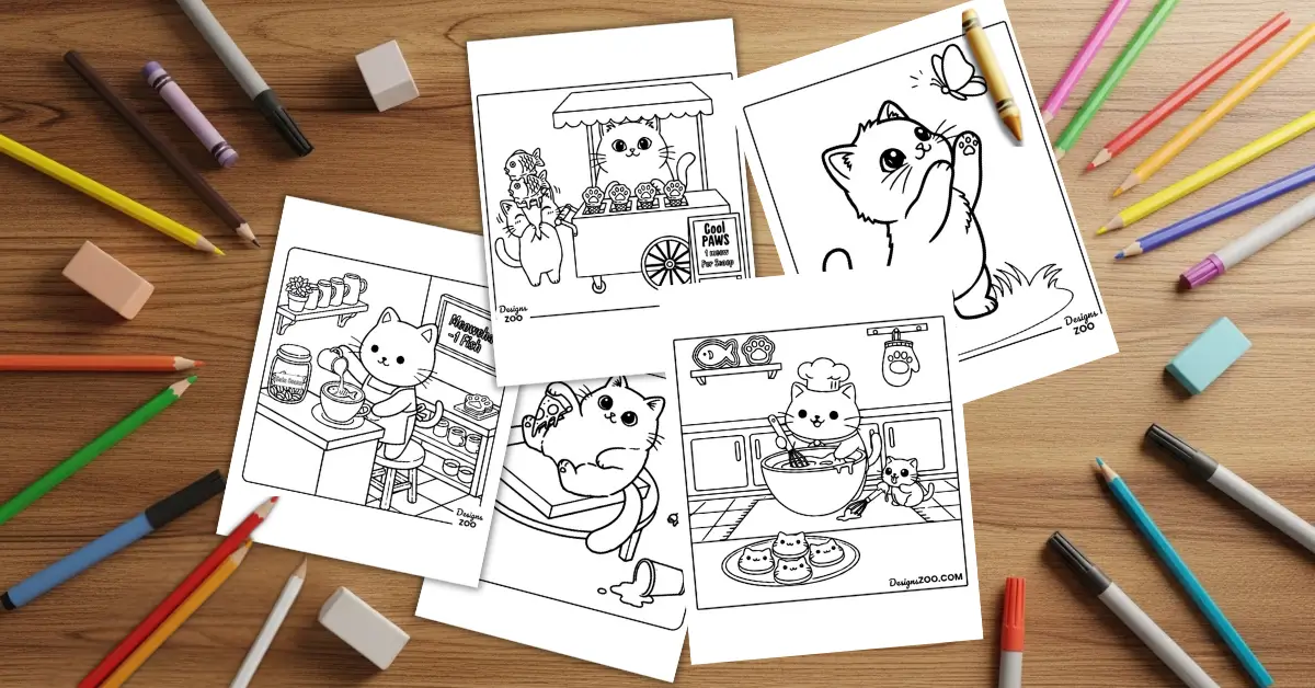 Cat coloring pages laid out on a wooden art table with scattered crayons and markers, creative workspace mockup