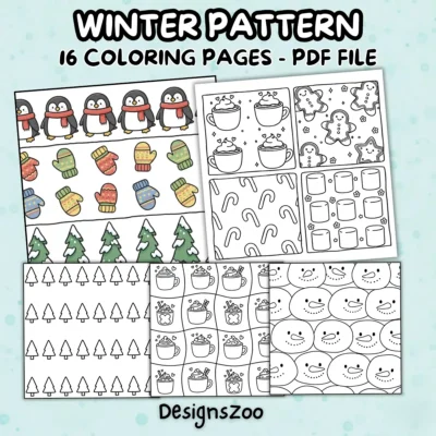 Product cover displaying a collection of 16 printable winter pattern coloring pages including penguins, hot cocoa, and snowmen designs in a PDF