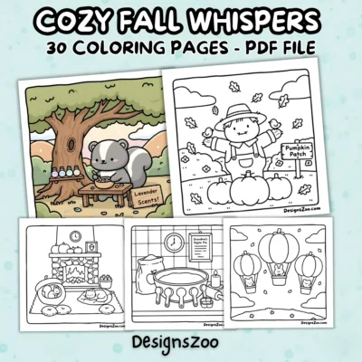 The cover image for 'Cozy Fall Whispers' fall coloring pages, showing a cute skunk, a scarecrow, and a cozy fireplace scene.