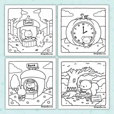 Four sample fall coloring pages showing cute animals running a coffee shop, standing by a pumpkin clock, and visiting a bank.