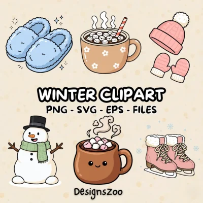 Collection of cozy winter clipart designs including slippers, hot cocoa, and a snowman.