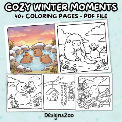Promotional image for "Cozy Winter Moments," a set of 40+ Winter coloring pages in a PDF file by DesignsZoo, showcasing colored and uncolored examples like capybaras in a hot spring, a sheep knitting, and a penguin building a snowma