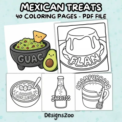 Product cover for the mexican treats coloring pages PDF, displaying a colored guacamole bowl alongside uncolored flan, jarritos, and champurrado designs.