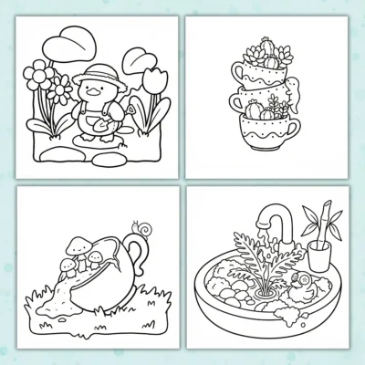 Four whimsical line art illustrations, including a gardening duck, mushrooms, and succulent teacups, featured in our printable gardens coloring pages.