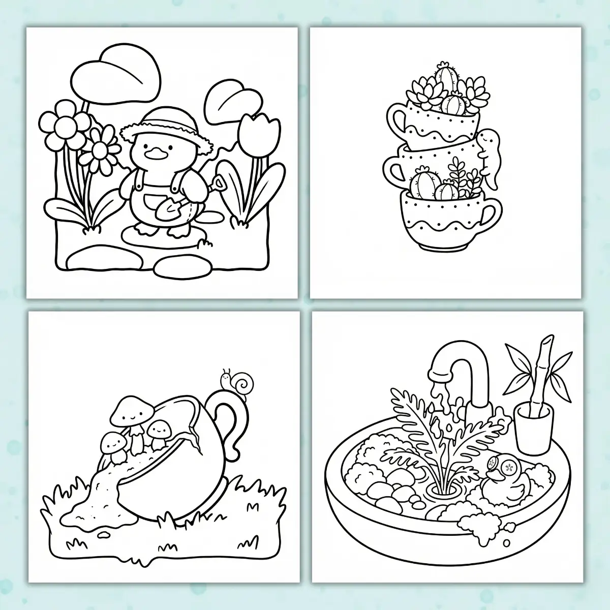 Four whimsical line art illustrations, including a gardening duck, mushrooms, and succulent teacups, featured in our printable gardens coloring pages.