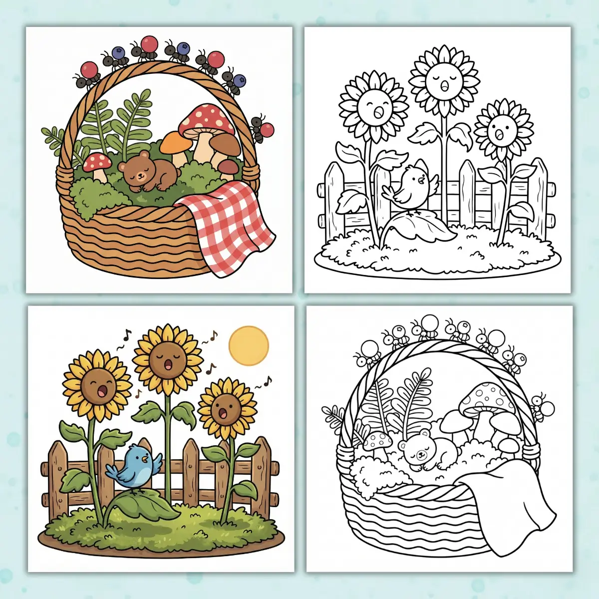 Colored and black-and-white line art examples of smiling sunflowers and a woodland picnic basket included in our gardens coloring pages.